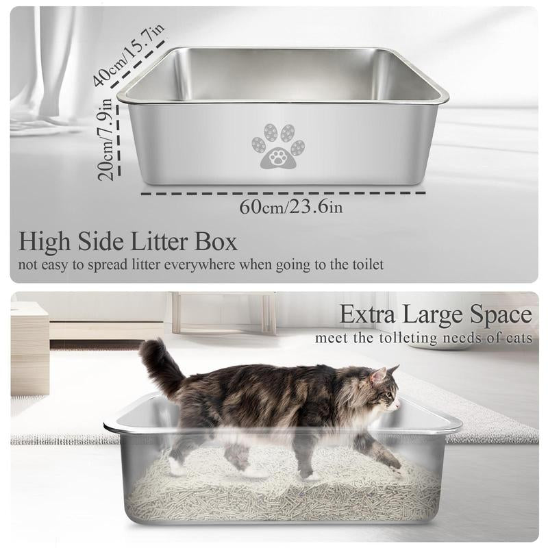 PTLOM Stainless Steel Cat Litter Box High Side Cat Toilet Metal Kitten Litter Box, No Lid Large Space, Suitable for Big Cats, Kittens, Rabbits, Splash-Proof Non-Stick Cat Litter Box Odorless