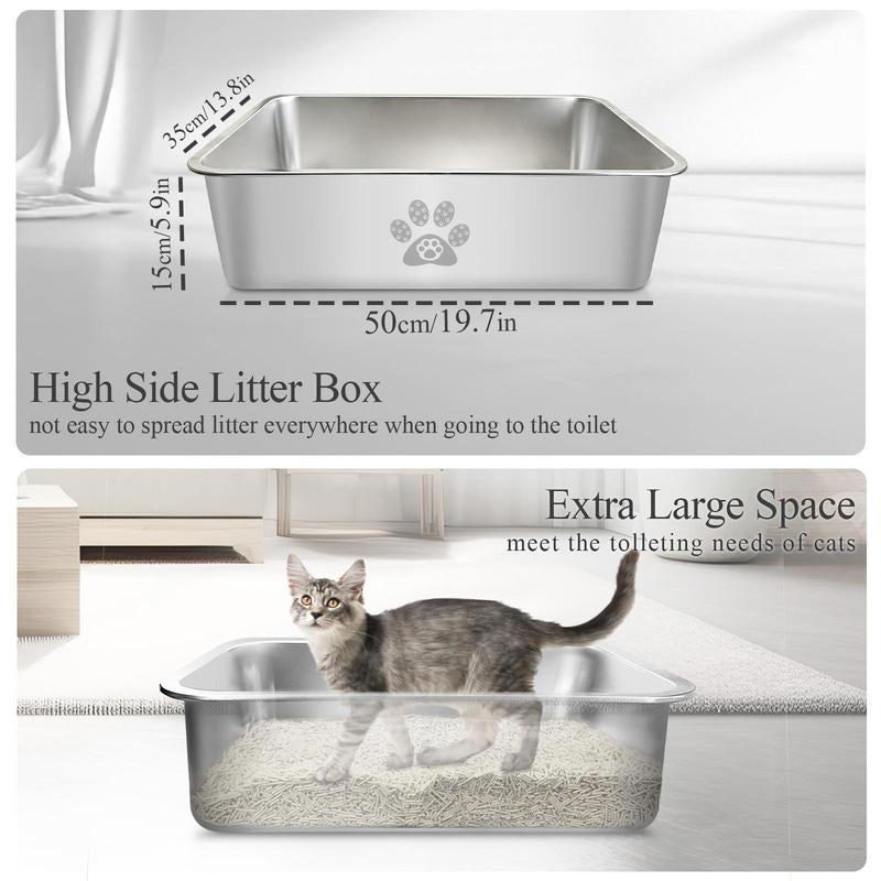 PTLOM Stainless Steel Cat Litter Box High Side Cat Toilet Metal Kitten Litter Box, No Lid Large Space, Suitable for Big Cats, Kittens, Rabbits, Splash-Proof Non-Stick Cat Litter Box Odorless