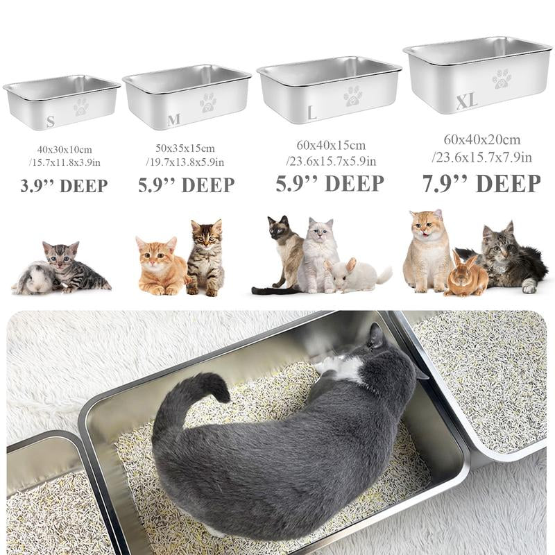 PTLOM Stainless Steel Cat Litter Box High Side Cat Toilet Metal Kitten Litter Box, No Lid Large Space, Suitable for Big Cats, Kittens, Rabbits, Splash-Proof Non-Stick Cat Litter Box Odorless