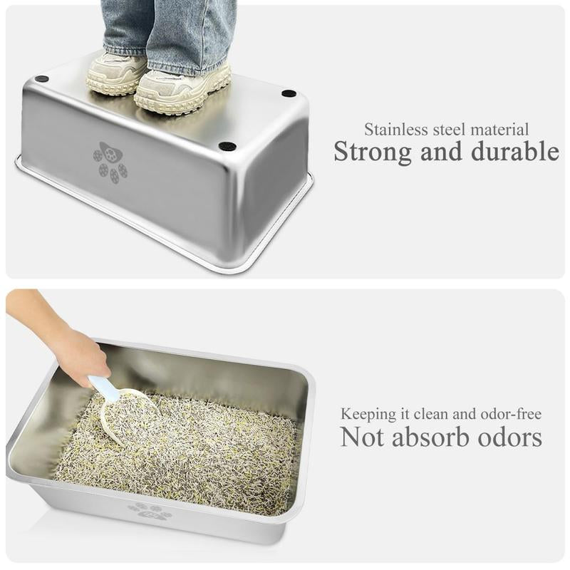 PTLOM Stainless Steel Cat Litter Box High Side Cat Toilet Metal Kitten Litter Box, No Lid Large Space, Suitable for Big Cats, Kittens, Rabbits, Splash-Proof Non-Stick Cat Litter Box Odorless