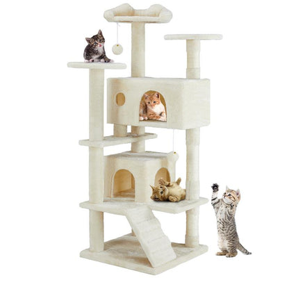 Pettrove Cat Tree Tower for Indoor Cats, 54In Tall Multi-Level Pet Furniture, Stable Kitty Play House with Sisal Scratching Post, Large Condo, Climbing Ladder, Plush Toy for Kitten Cat Treehouse