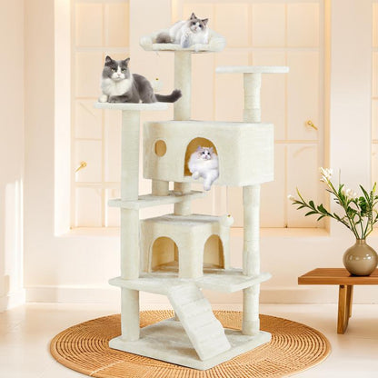 Pettrove Cat Tree Tower for Indoor Cats, 54In Tall Multi-Level Pet Furniture, Stable Kitty Play House with Sisal Scratching Post, Large Condo, Climbing Ladder, Plush Toy for Kitten Cat Treehouse