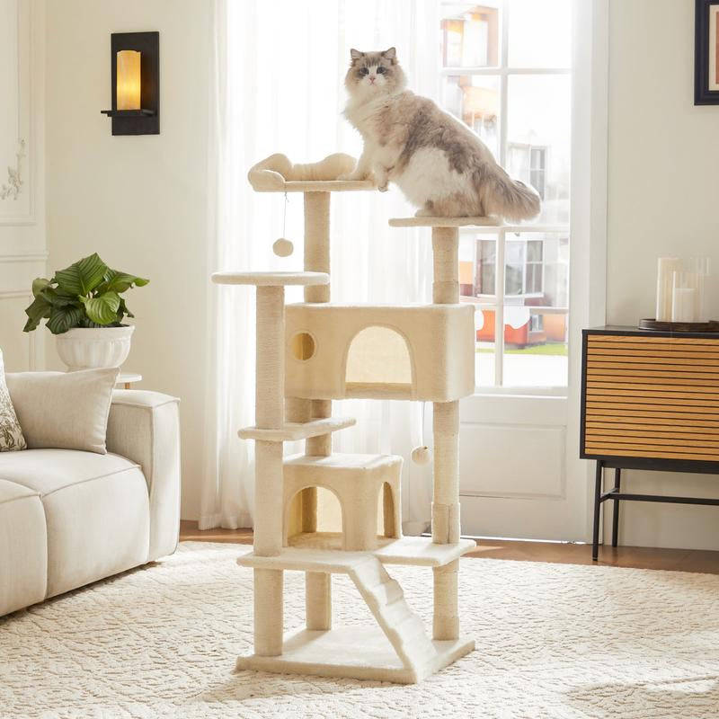 Pettrove Cat Tree Tower for Indoor Cats, 54In Tall Multi-Level Pet Furniture, Stable Kitty Play House with Sisal Scratching Post, Large Condo, Climbing Ladder, Plush Toy for Kitten Cat Treehouse