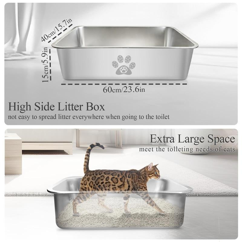 PTLOM Stainless Steel Cat Litter Box High Side Cat Toilet Metal Kitten Litter Box, No Lid Large Space, Suitable for Big Cats, Kittens, Rabbits, Splash-Proof Non-Stick Cat Litter Box Odorless