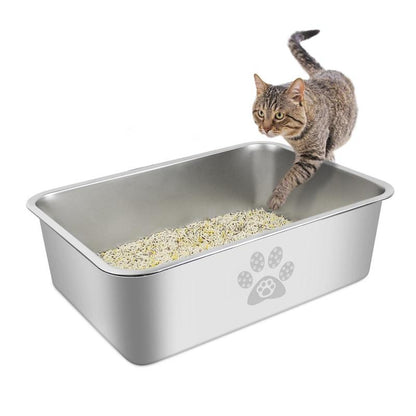 PTLOM Stainless Steel Cat Litter Box High Side Cat Toilet Metal Kitten Litter Box, No Lid Large Space, Suitable for Big Cats, Kittens, Rabbits, Splash-Proof Non-Stick Cat Litter Box Odorless