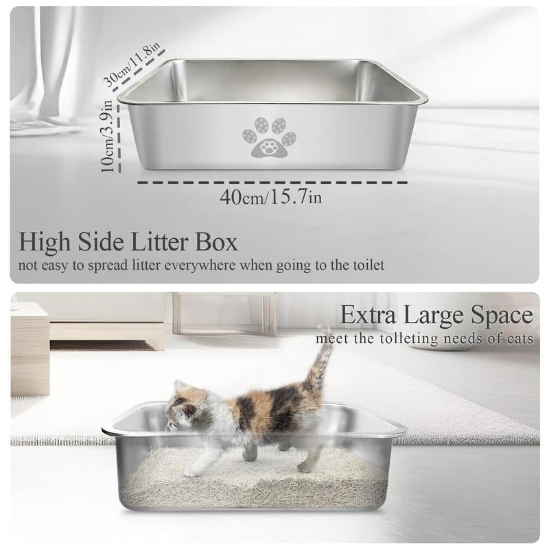 PTLOM Stainless Steel Cat Litter Box High Side Cat Toilet Metal Kitten Litter Box, No Lid Large Space, Suitable for Big Cats, Kittens, Rabbits, Splash-Proof Non-Stick Cat Litter Box Odorless