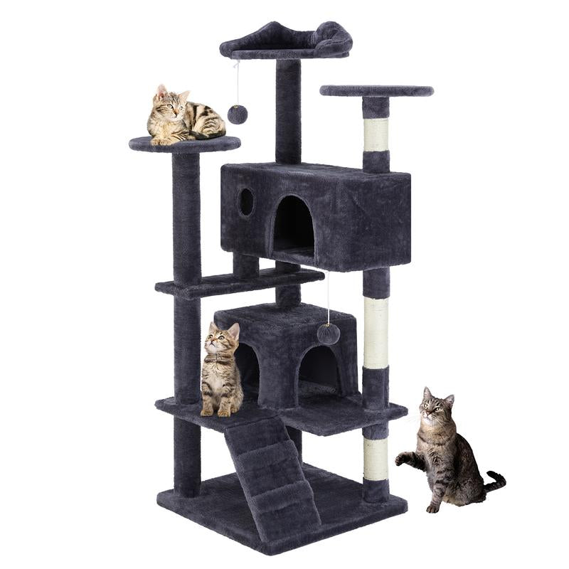 Pettrove Cat Tree Tower for Indoor Cats, 54In Tall Multi-Level Pet Furniture, Stable Kitty Play House with Sisal Scratching Post, Large Condo, Climbing Ladder, Plush Toy for Kitten Cat Treehouse