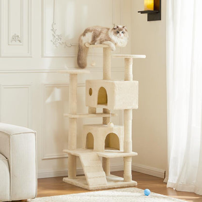 Pettrove Cat Tree Tower for Indoor Cats, 54In Tall Multi-Level Pet Furniture, Stable Kitty Play House with Sisal Scratching Post, Large Condo, Climbing Ladder, Plush Toy for Kitten Cat Treehouse