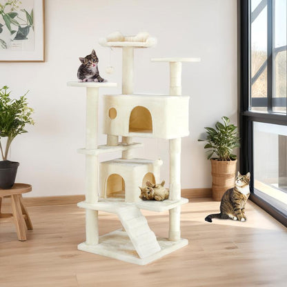 Pettrove Cat Tree Tower for Indoor Cats, 54In Tall Multi-Level Pet Furniture, Stable Kitty Play House with Sisal Scratching Post, Large Condo, Climbing Ladder, Plush Toy for Kitten Cat Treehouse